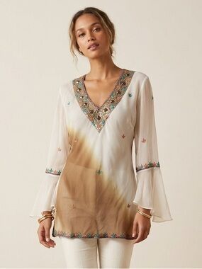 Vintage Venee New York Pure Silk Beaded Blouse XL Boho Tunic Y2K Woman’s